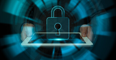 Aufkleber - Businessman holding digital tablet with padlock icon hologram