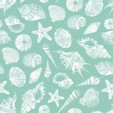Fototapeta Łazienka - Sea shells green vector seamless pattern. Realistic hand drawn marine background with nature ocean aquatic mollusk shell