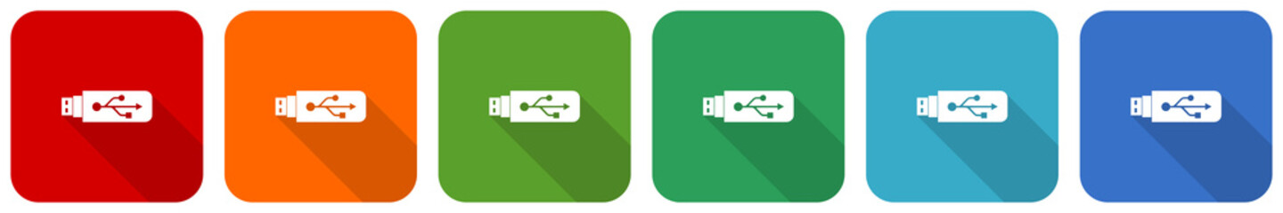 Leinwandbilder - Usb icon set, flat design vector illustration in 6 colors options for webdesign and mobile applications