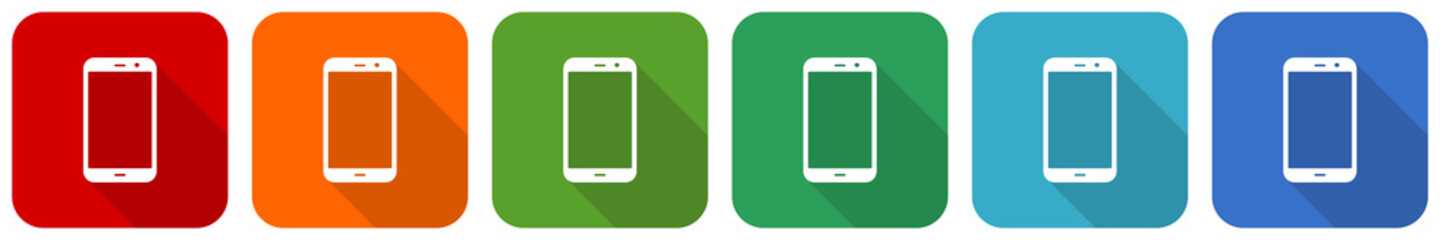 Leinwandbilder - Smartphone icon set, flat design vector illustration in 6 colors options for webdesign and mobile applications