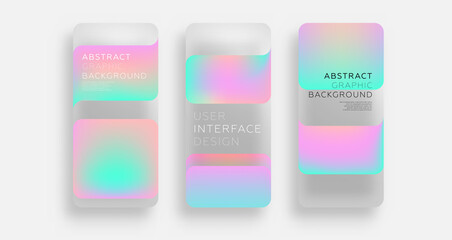 Mobile application screen page backgrounds set with plastic transparent effect and neon color liquid flow fluid shapes. User interface app template. Eps10 vector.