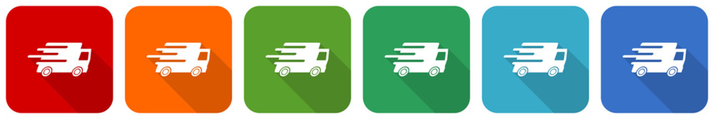 Fototapete - Speed transport, fast delivery, truck icon set, flat design vector illustration in 6 colors options for webdesign and mobile applications