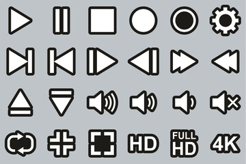 Canvas Print - Video & Audio & Camera Button Icons White On Black Sticker Set Big