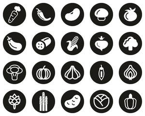 Canvas Print - Vegetable Icons White On Black Flat Design Circle Set Big