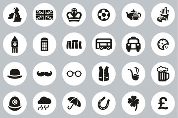 Sticker - United Kingdom Country & Culture Icons Black & White Flat Design Circle Set Big