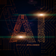 Fototapete - Artificial Intelligence Technology Concept Illustration With Ai Lettering In Microcircuit Style