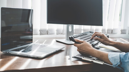 Wall Mural - programmer working in a software development and coding technologies. website design. technology con