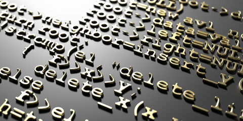 Software developer programming code, gold algorithms embossed on black. 3d illustration