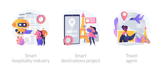 Sticker - Abroad trip planning metaphors. Smart hospitality industry, destinations project, travel agent service. Booking hotel and tickets online. Vector isolated concept metaphor illustrations.