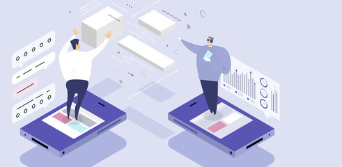 Remote online coding, research and application development concept for business technology, engineering and innovations design. Eps10 vector illustration