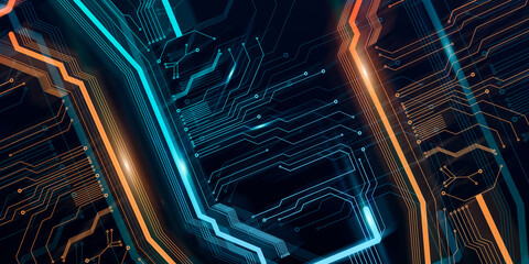 Poster - Futuristic Technological Background With Gloving Microcircuit Lines In Blue And Yellow Color