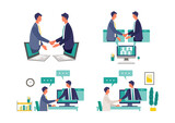 Fototapeta  - Online business talk concept. Vector illustration of people having communication via telecommuting system. Concept for Business talk.