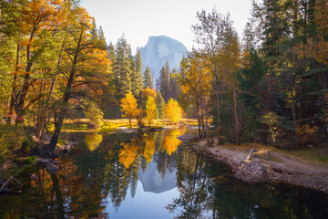 Wall Mural - Yosemite Valley river with reflection of Half-Dome and autumn trees