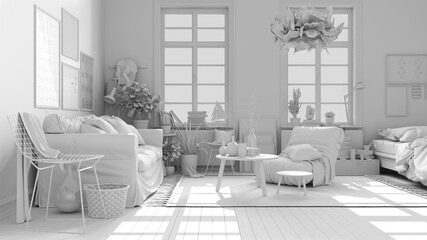 Total white project of scandinavian open space, living room with sofa, coffee tables, armchair, pillows, carpet, decors and potted plants, parquet floor, modern interior design