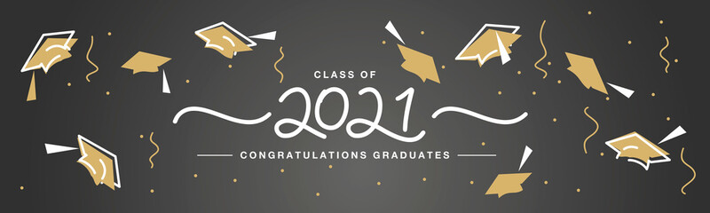 Class of 2021 handwritten typography lettering Congratulations graduates line design gold white cap black isolated background banner