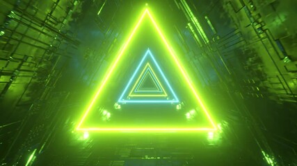 Wall Mural - Sci-fi tunnel with neon triangles. Endless flight forward. Modern neon lighting. Seamless loop 3d render