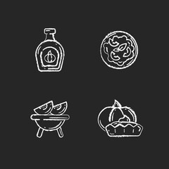 Sticker - Homemade food chalk white icons set on black background. Roasted gourd, pumpkin risotto, tasty tartlet and syrup. Rustic cooking, traditional autumn dishes. Isolated vector chalkboard illustrations