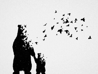 Poster - polar bear mom and child silhouettes, flying birds. endangered animal family. life and death. wildli
