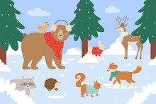 Animals In Winter Forest Vector Illustration. Cartoon Flat Cute Animalistic Group Of Characters Wearing Scarf Or Sweater, Standing Together In Wild Snow Nature Woods Landscape Wintertime Background