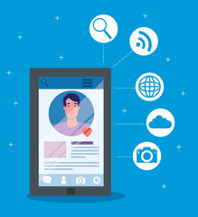 Poster - social media, man communicating by smartphone vector illustration design