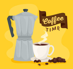 Poster - coffee time banner with moka pot and cup ceramic vector illustration design