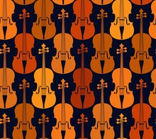 Brown Violins On A Blue Background, Seamless Pattern. Orange And Brown Violins On A Blue Field. Color, Flat Decor. Vector.  