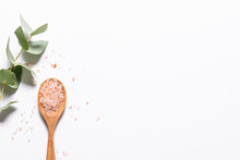  Banner With Organic Himalaya Salt And Twig Of Fresh Aromatic Eucalyptus On White Background. Spa And Wellness Concept. Minimalism Style Composition.
