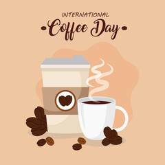 Wall Mural - international coffee day poster, 1 october, with ceramic cup, disposable and grains vector illustration design