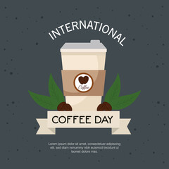 Canvas Print - international coffee day poster, 1 october, with disposable and grains of coffee vector illustration design