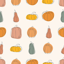 Pumpkin Vector Seamless Pattern. Thanksgiving Or Halloween Day Concept. Stylized Orange Pumpkins In Various Sizes. Great For Postcards, Paper, Textiles. Autumn Concept And Vegetable Compositions.