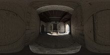 Monumental Entrance With Ancient Wooden Gothic Doorway With Sculptures, Stereographic Image, Pano 360 Vr, 3d Rendering, 3d Illustration