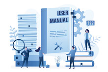 User Manual Concept Banner. Group Of Business People Reading Guide Instruction Or Textbook. Office Paperwork, Teamwork.