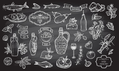 Mediterranean traditional food collection on a chalkboard background