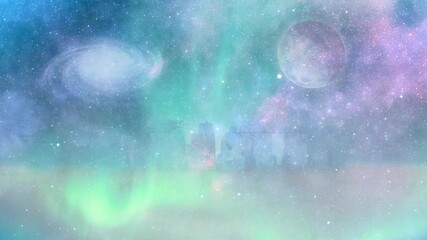Surreal landscape. Stonehenge in the purple fog. Moon and galaxy in vivid sky