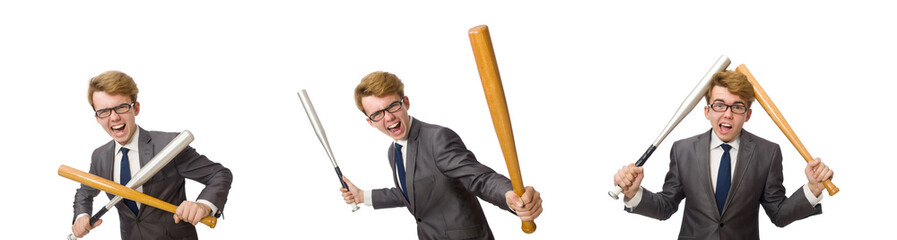 Wall Mural - Young businessman with baseball bat isolated on white