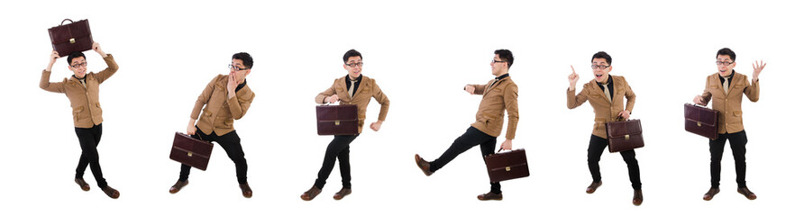 Wall Mural - Young man with brown briefcase isolated on white