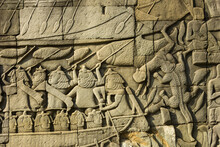 Bas Reliefs Depicting The Naval Battle Between Khmer And The Chams At Bayon Temple, Angkor, Siem Reap, Cambodia