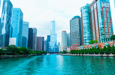 Poster - Chicago River flowing between city high-rise to Lake Michigan.