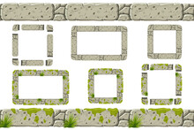 Set Of Seamless Old Gray Rock Border And Frames With Moss. Vector Stone Sidewalks For Computer Games Isolated On White Background.