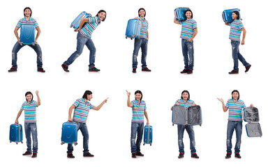 Wall Mural - Young man travelling with suitcases isolated on white