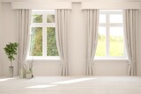 Fototapeta  - White empty room with summer landscape in window. Scandinavian interior design. 3D illustration