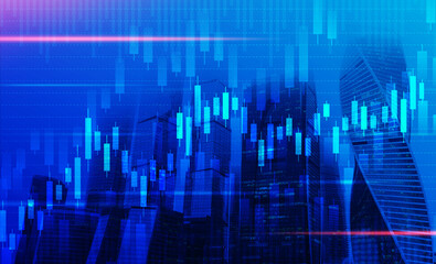 Poster - Global Economics Blue Background, Financial Data Graphs Over Cityscape, Collage