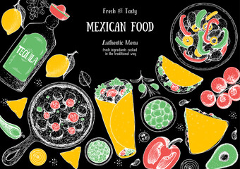 Wall Mural - Mexican food top view frame. A set of mexican dishes with burritos, quesadillas, fajitas. Food menu design template. Vintage hand drawn sketch vector illustration. Mexican cuisine engraved image.