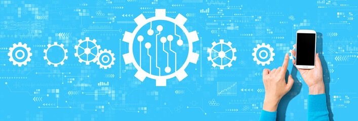 Automation concept with person using a smartphone on a blue background