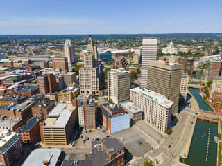 Providence modern city aerial view in downtown providence, Rhode Island RI, USA. The buildings including Industrial National Bank Building, One Financial Plaza, Residences Providence, etc. 