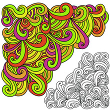 Set Of Decorative Corners From Lines, Arcs And Curls, Color Doodles And Coloring Page, Vector Illustration