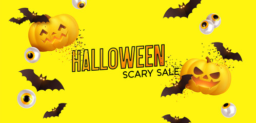 Wall Mural - Happy Halloween Background realistic pumpkins and bats. Halloween scary sale. vector illustration
