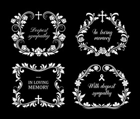 Wall Mural - Funeral vector frames, isolated borders of floral design with blossoms and leaves. Mourning white flowers, flourishes, ribbon condolence typography. Obituary mournful funereal monochrome framing set