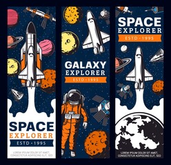 Wall Mural - space exploration retro vector banners. galaxy expedition adventure vintage cards with astronaut, sh