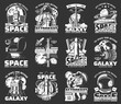 © Vector Tradition - Outer space explore monochrome vector icons. Universe expedition galaxy adventure. Astronaut, space shuttle and satellites cosmos research. Explorers and alien planet colonization mission retro labels